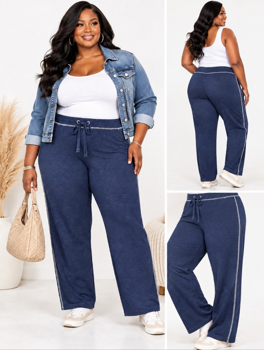 St John's Bay SJB Active Pants 3X Denim Blue Drawstring Straight Leg Plus Size